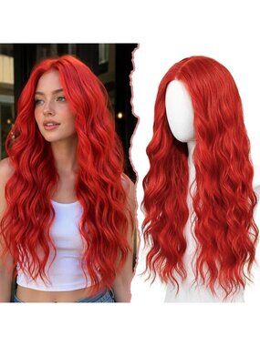 Women's Red 26 Inch Long Synthetic Middle Part Lace Front Wavy Wig